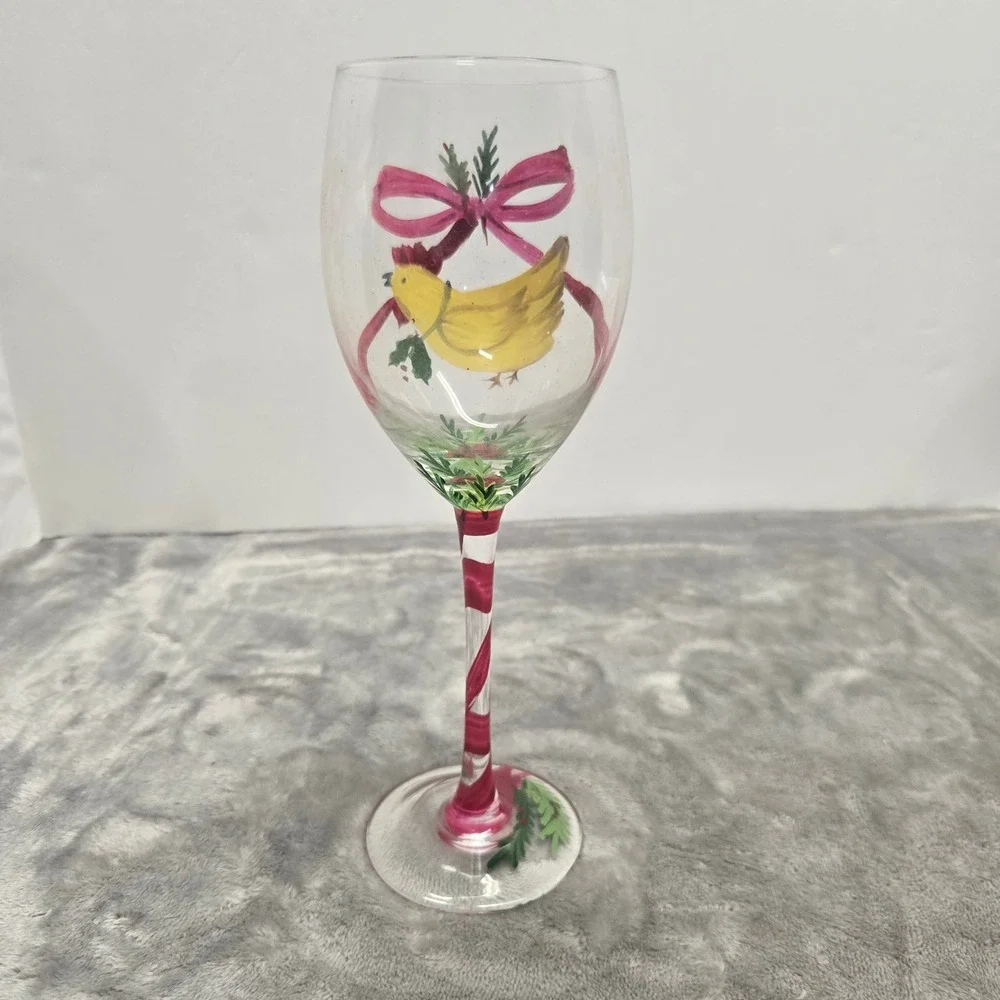 Hand Painted Wine Glass Yellow Chicken Hen Pink Bow Festive Holiday Stemware